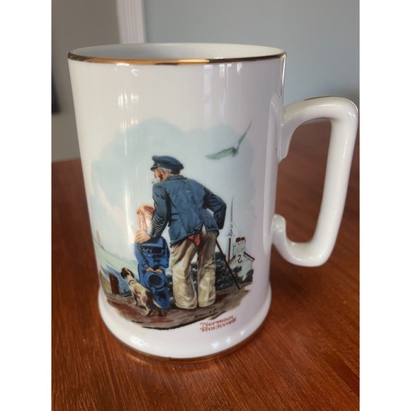 Norman Rockwell Vintage Coffee Mugs Cups Set of 2 White W/ Gold Trim - Picture 5 of 8